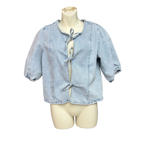 Wishlist apparel size small light blue jean front tie top elastic sleeves - Picture 1 of 8
